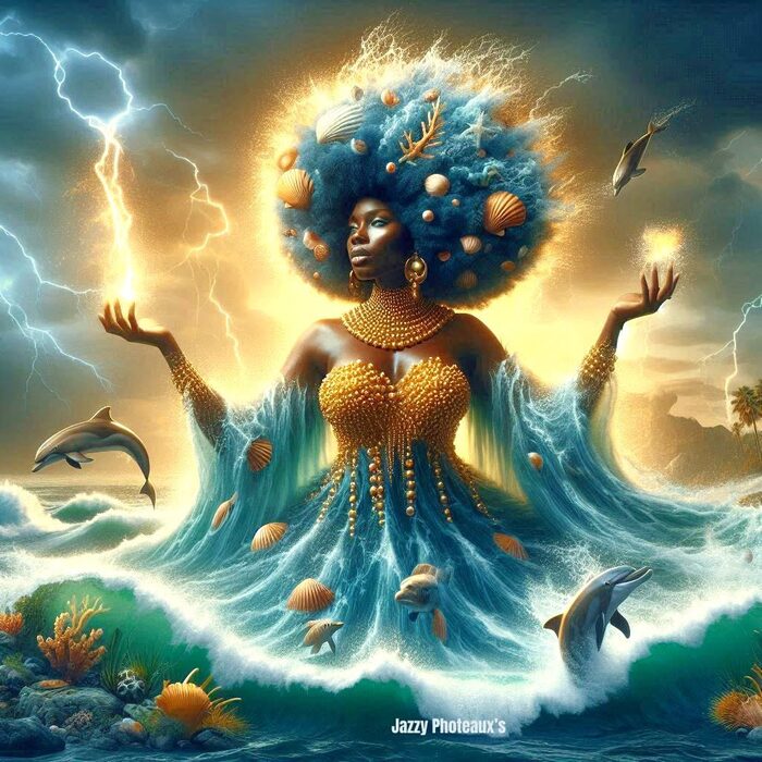 A water goddess rendered in deep blue and gold